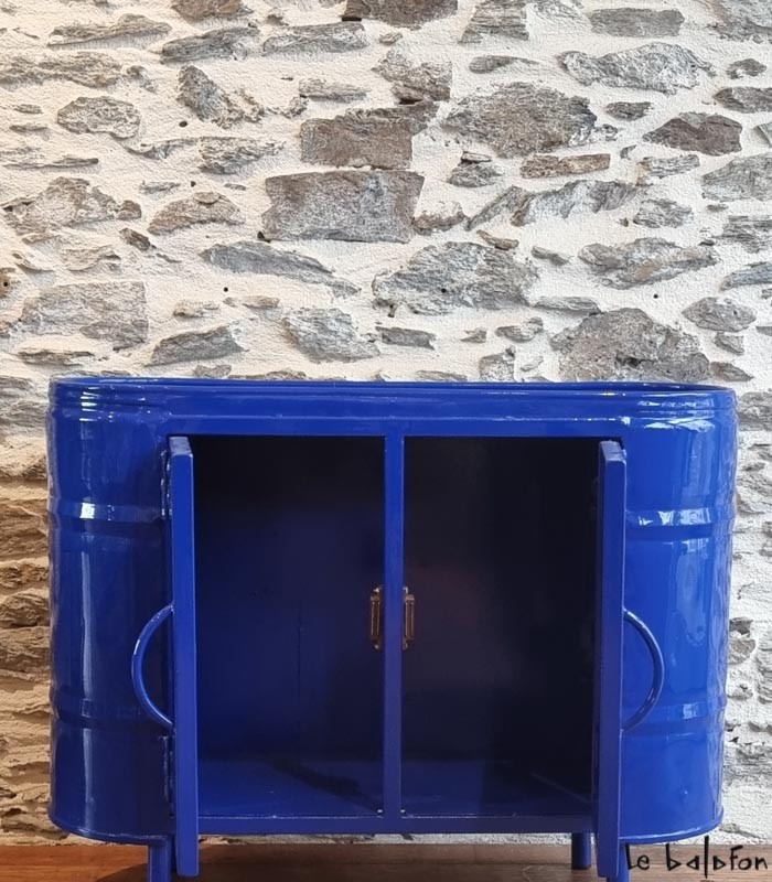 Meuble bas 2 portes bleu en métal recyclé